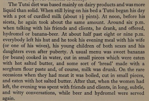 Some researchers write about milk anemia as though it were a disease only suffered by children, because they reason that only at a young age can cow’s milk be so important in the diet. But among the Tutsi milk could represent >50% of dietary calories even in adulthood. 