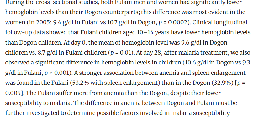 5,000 kms to the west, the milk drinking Fulani show the same distinct mortality pattern as the Somali. Compared to their immediate farmer neighbors like the Dogon they have much higher rates of anemia, but lower susceptibility to malaria. 