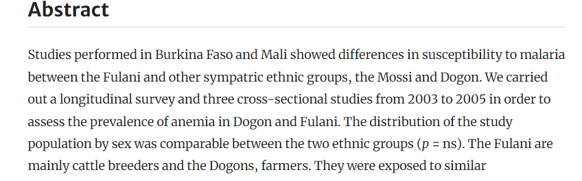 5,000 kms to the west, the milk drinking Fulani show the same distinct mortality pattern as the Somali. Compared to their immediate farmer neighbors like the Dogon they have much higher rates of anemia, but lower susceptibility to malaria. 