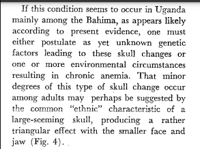 The authors of the Bahima paper speculated that perhaps this early anemia is related to the ethnic qualities of Tutsi skulls, as though they all suffer from a mild form of the disease. I think though that, being common, natural selection has come to expect it, to fix it in place. 