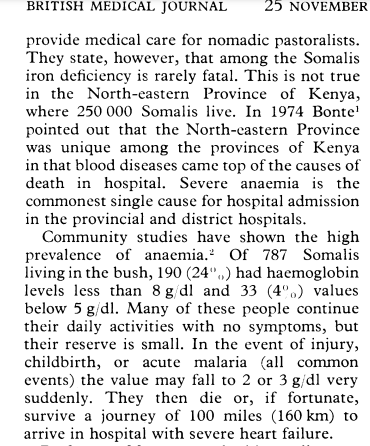 There are Somali minorities in Ethiopia and Kenya and in both places they are distinguished by their high anemia rates. The Somali region of Kenya was once unique in that blood disorders like anemia were the leading cause of death 